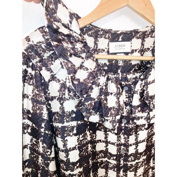 NWOT J. CREW 💯 Silk Twill Black & Ivory Plaid Ruffle Collar Blouse SZ: Medium - Picture 8 of 9